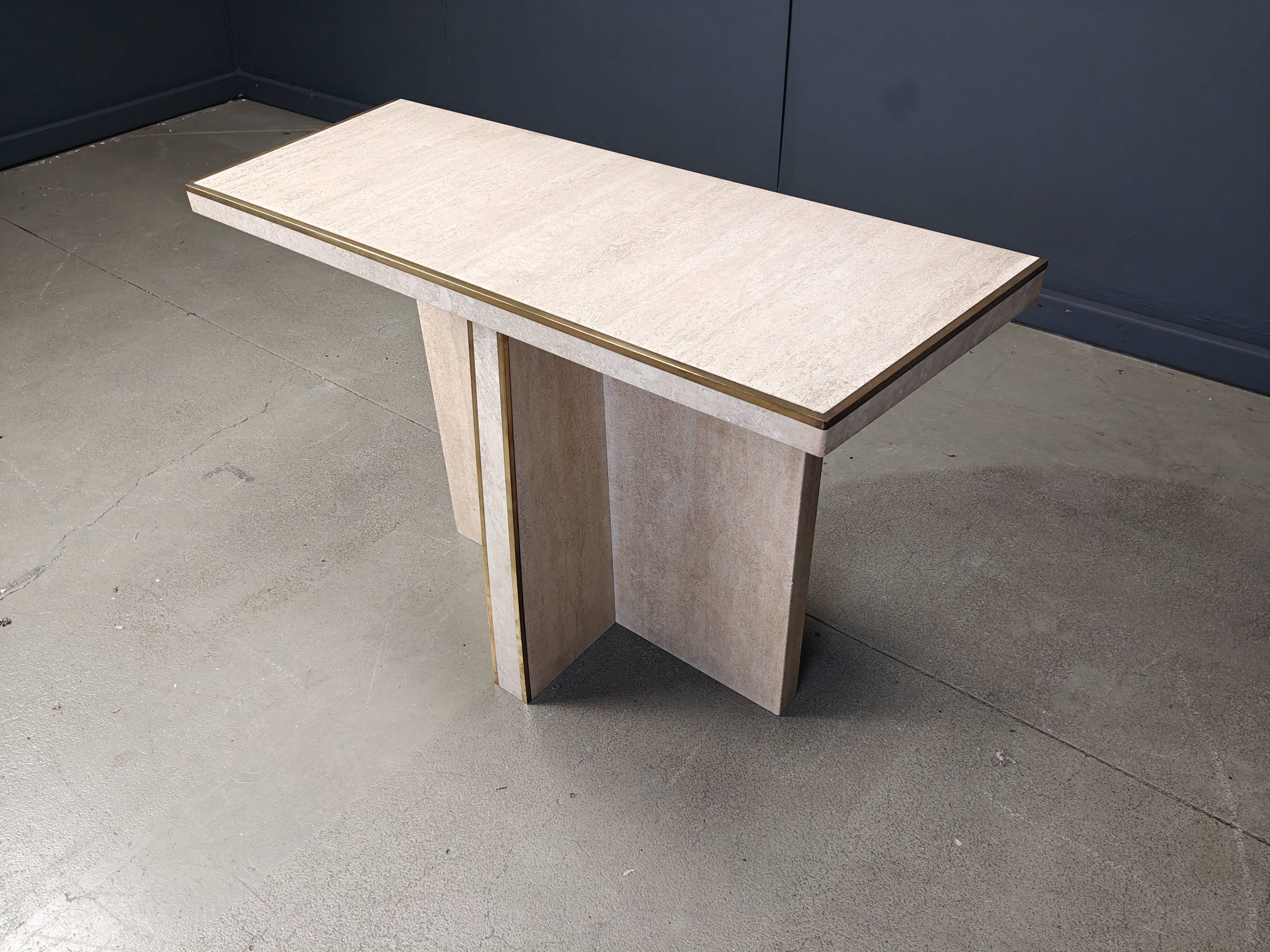 Vintage travertine and brass console table, 1970s
