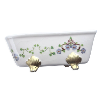 Flowered porcelain bathtub, dollhouse, purple flower, vintage, toy