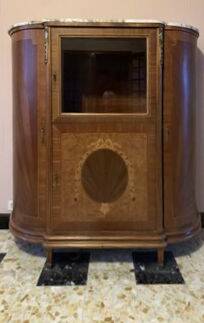 Half-moon buffet with display cabinet in Louis XVI style, marquetry with marble top.