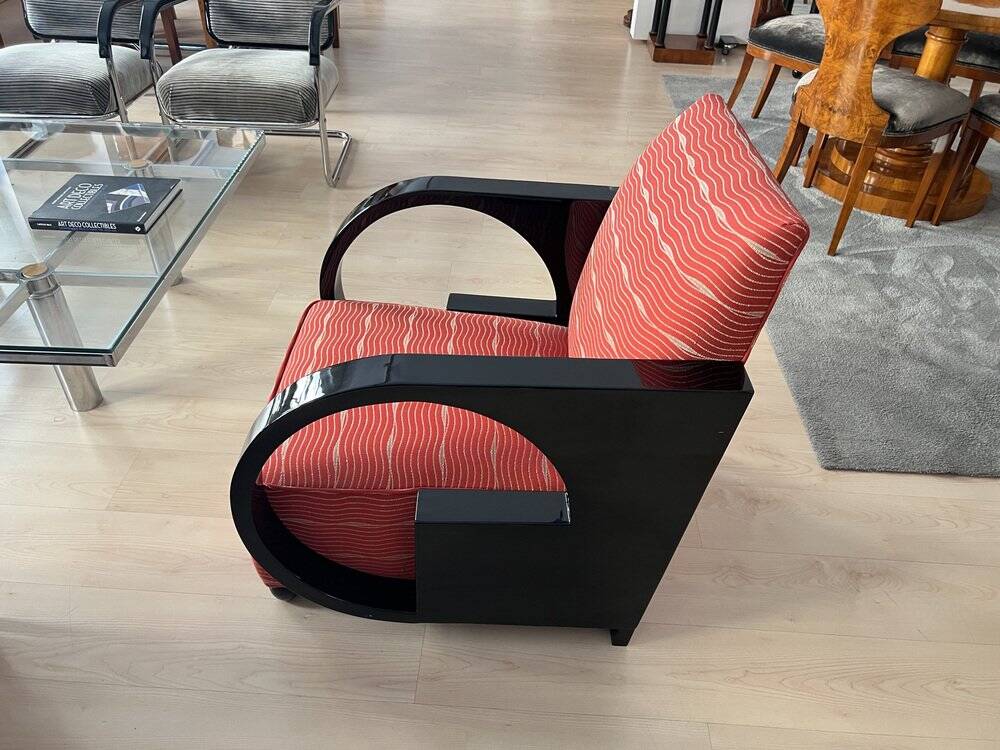 Art Deco Club Chair, Black Lacquer and Red Fabric, France circa 1930