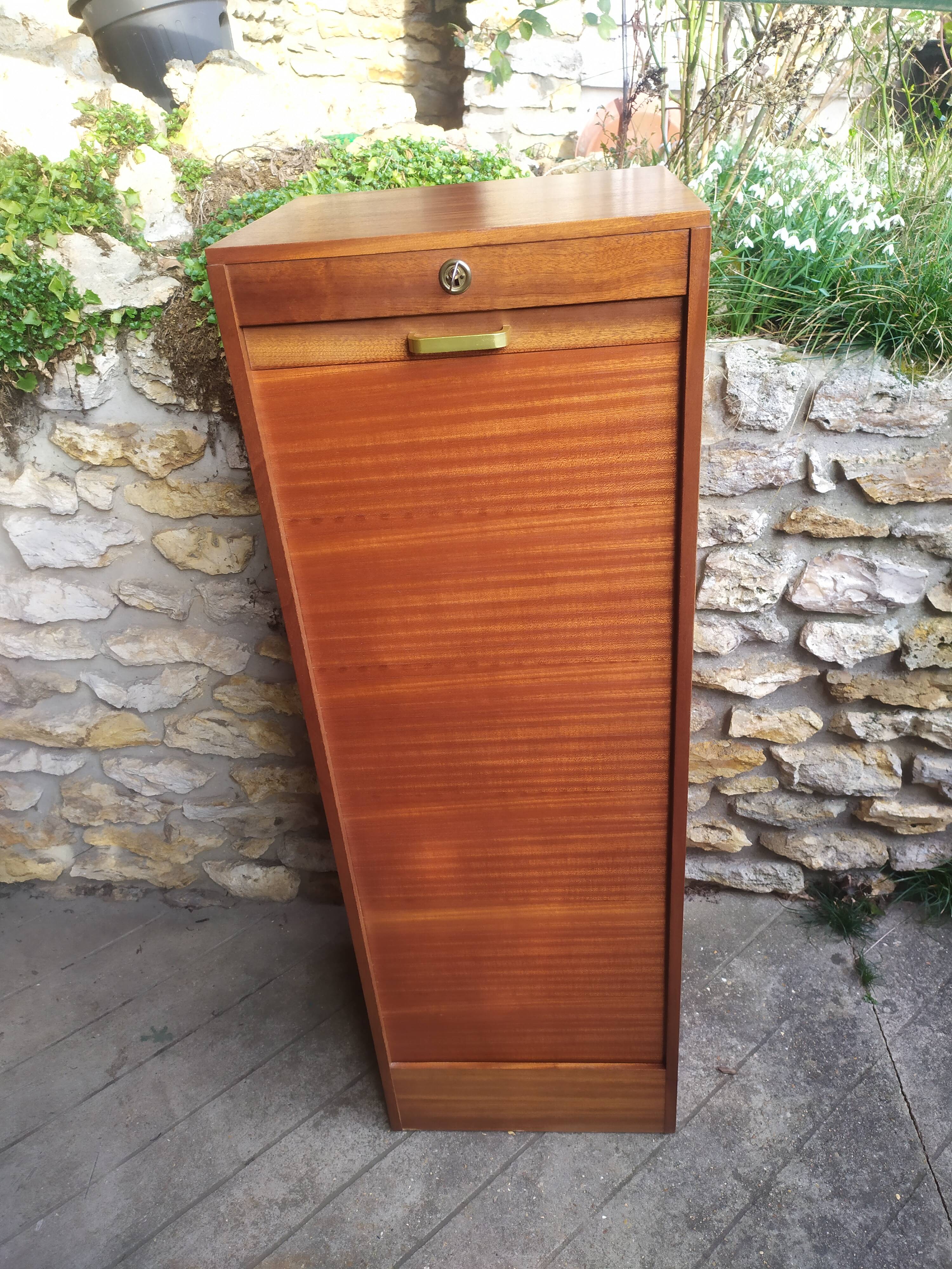 Wooden curtain filing cabinet, good general condition some traces of wear.