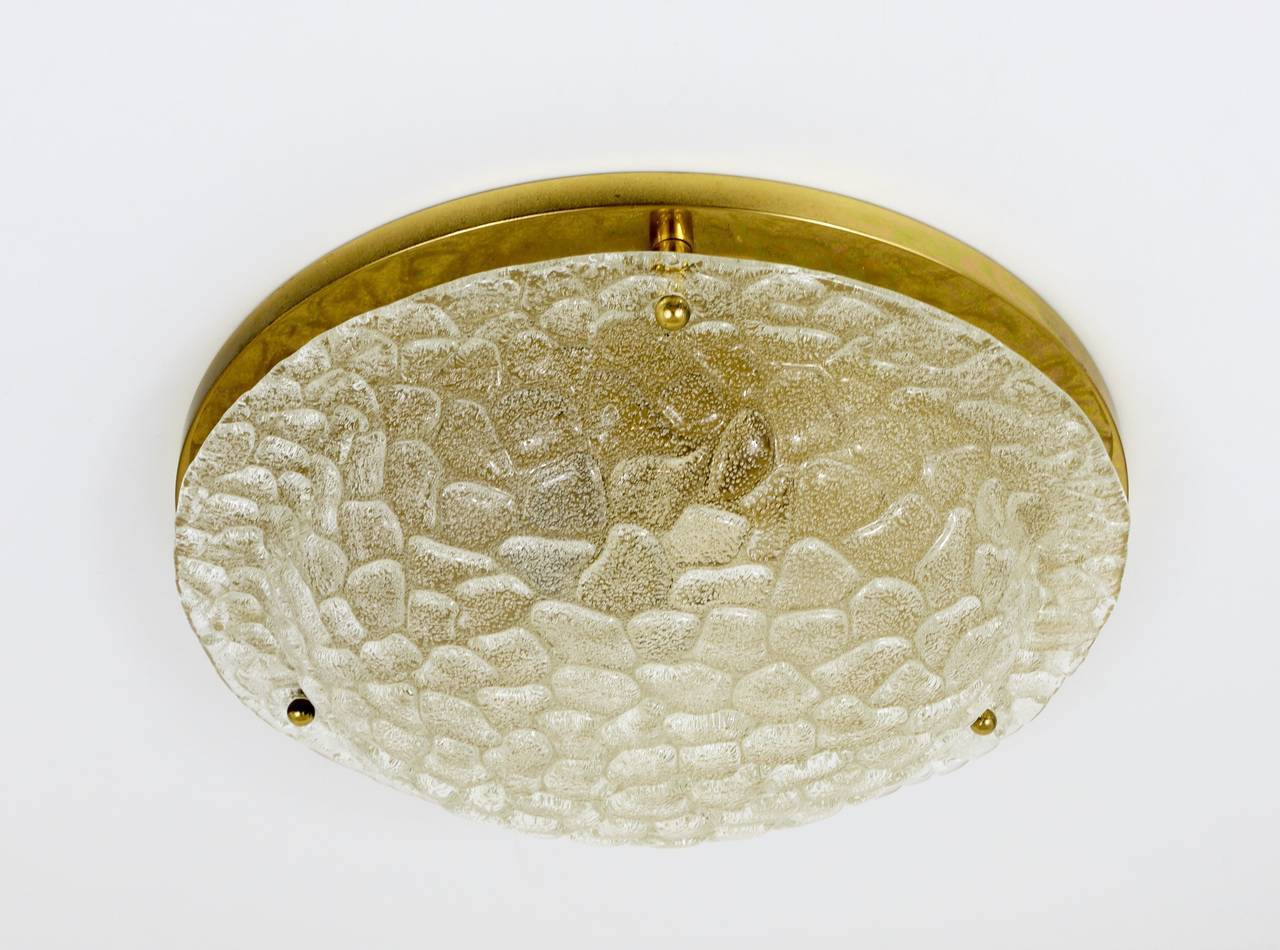 Large Hillebrand ceiling light in textured bubble glass and brass, Germany, 1970s.