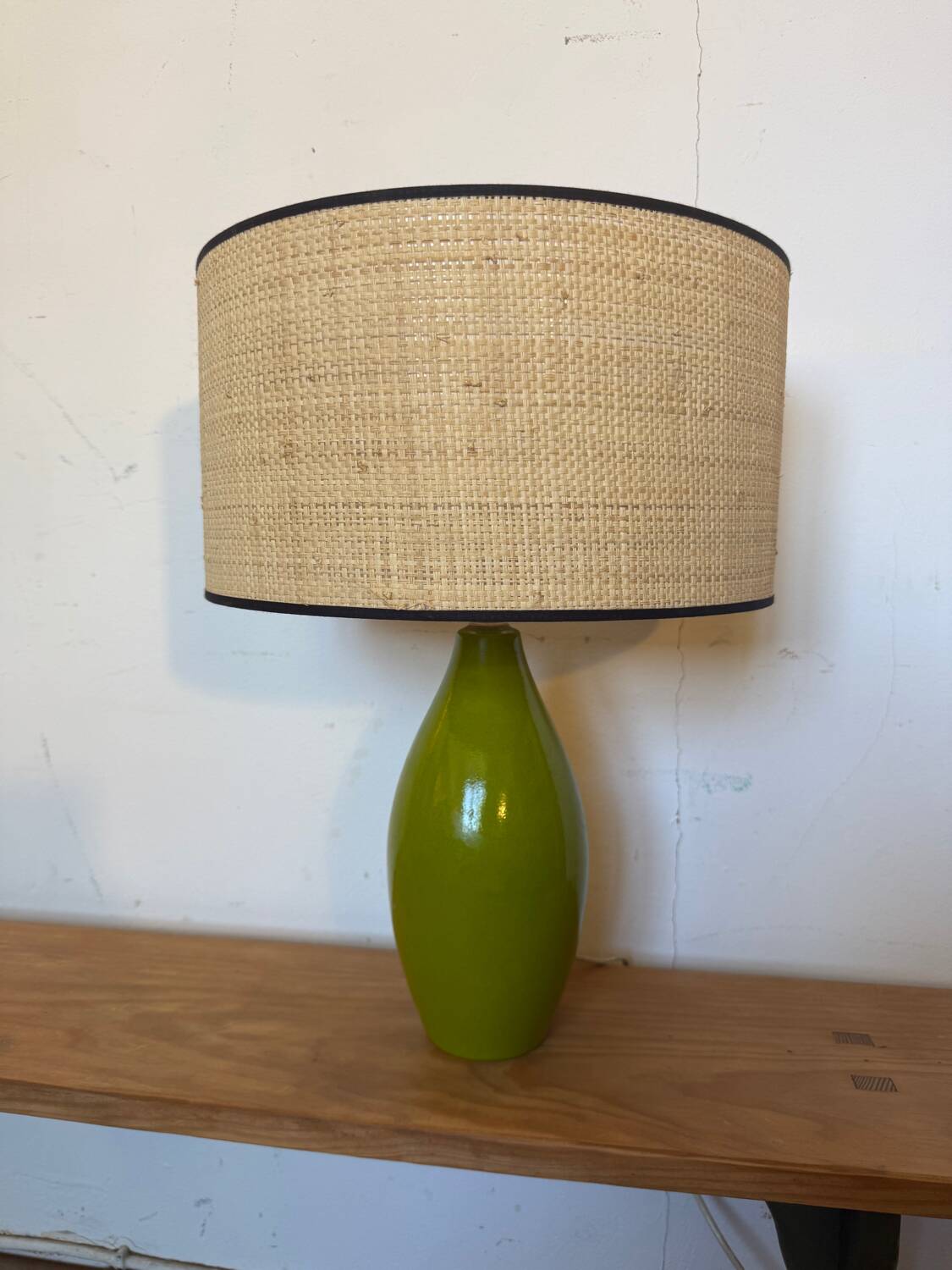 Vintage green glazed ceramic lamp and cane shade