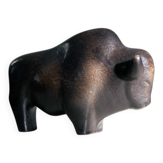 Brown glazed bull sculpture by Ed Ruscha, 1970s ceramic art