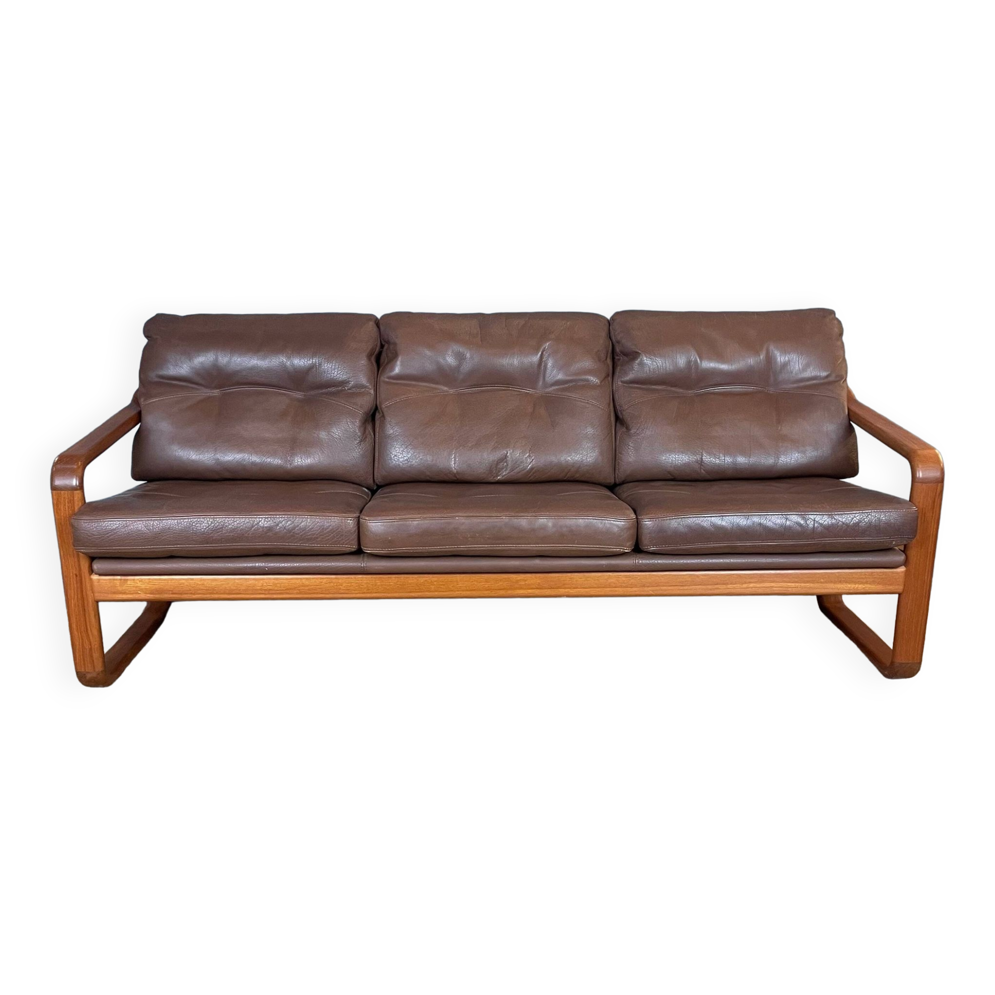 3-seater wood and leather sofa from the 1970s