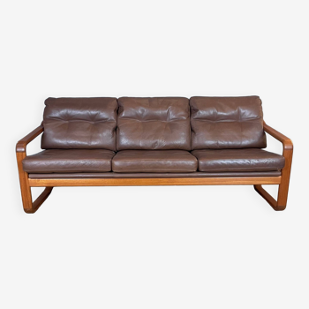 3-seater wood and leather sofa from the 1970s