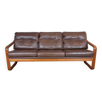 3-seater wood and leather sofa from the 1970s