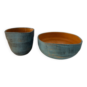 Set of cache-pot and basin in terracotta from the 1980s.