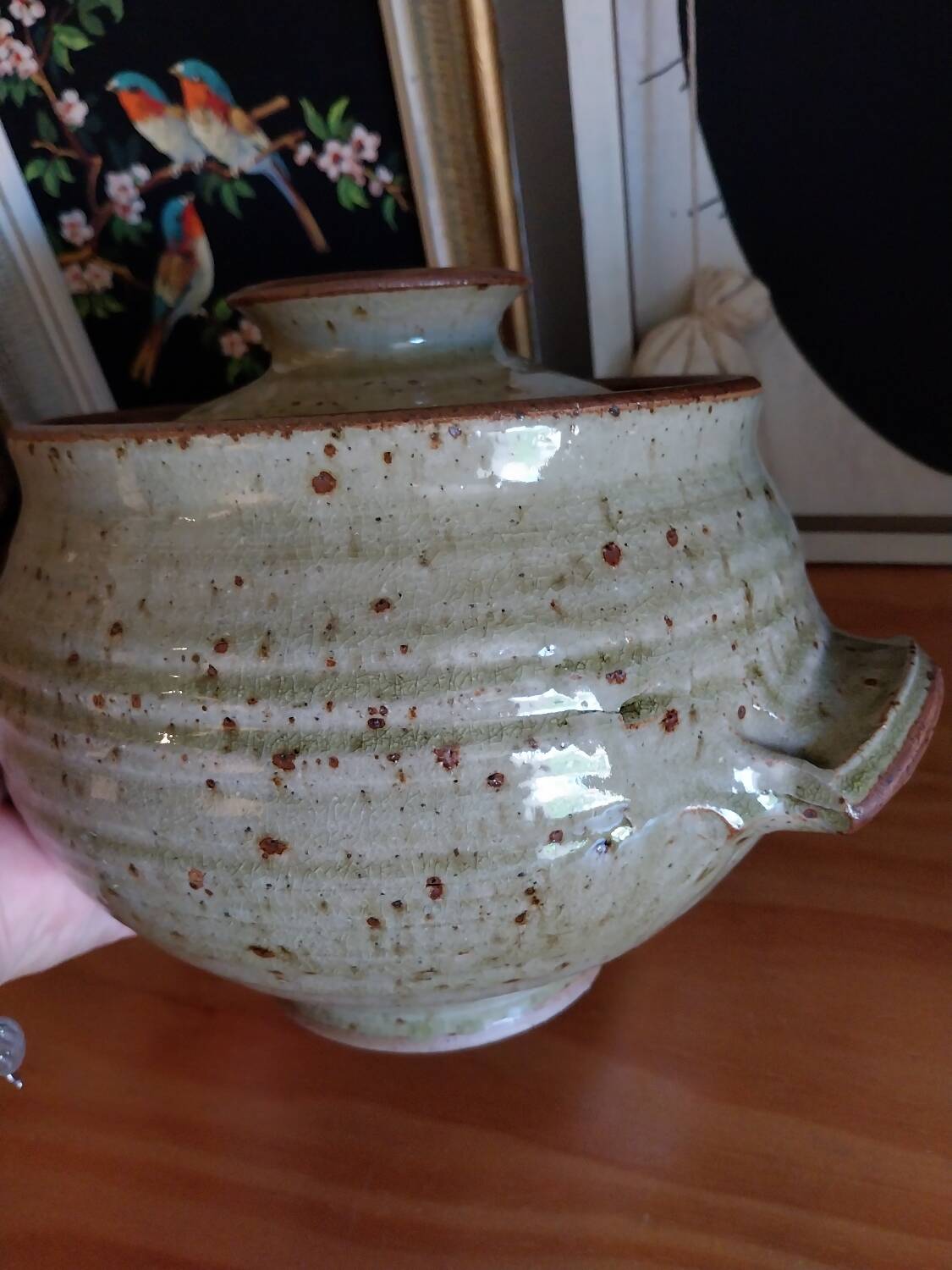 Vintage handcrafted enameled stoneware soup tureen