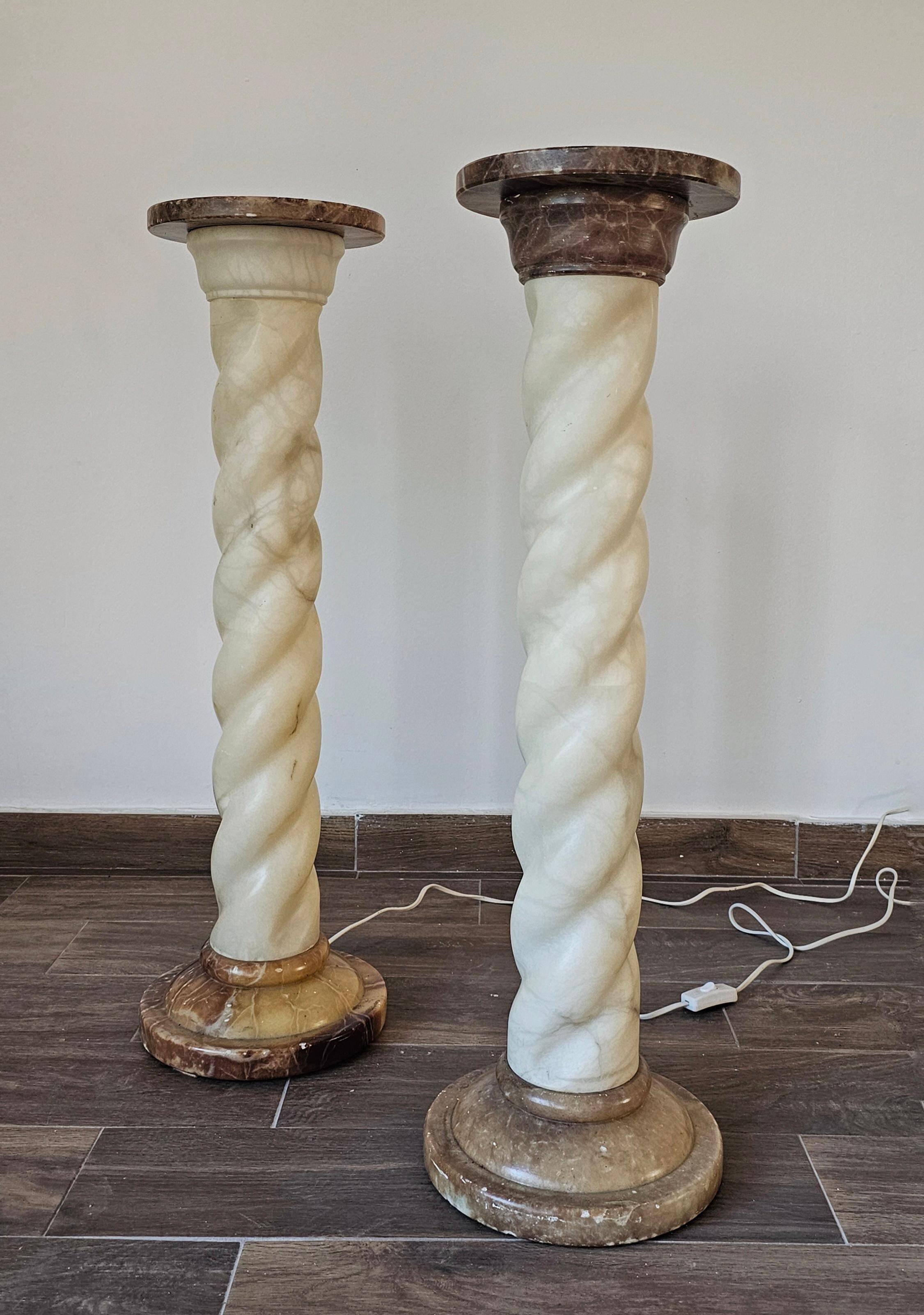 Pair of twisted column floor lamps in alabaster and marble, 1960