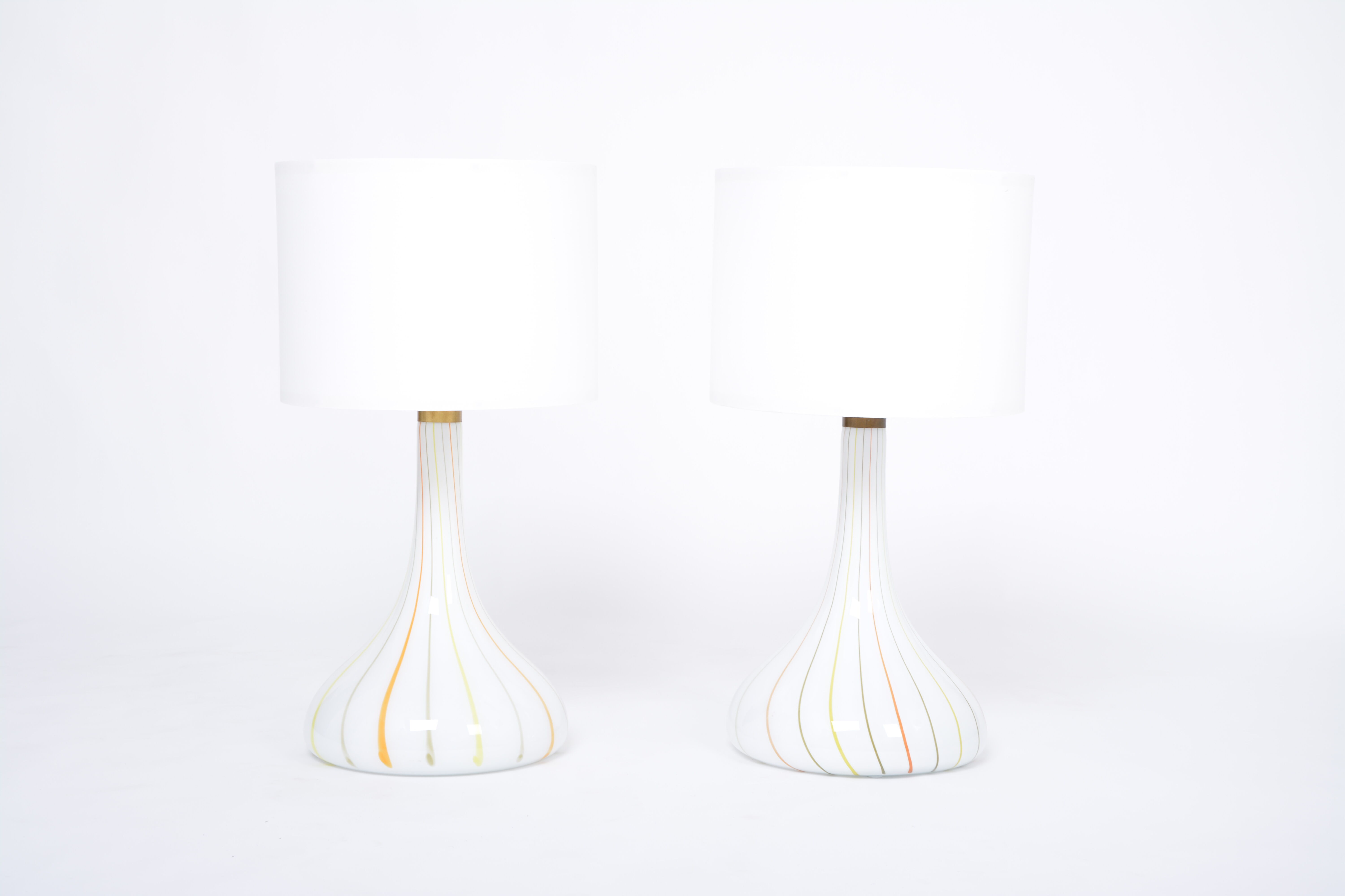Pair of 1970s tall White Glass Table Lamps model "Candy" by Holmegaard