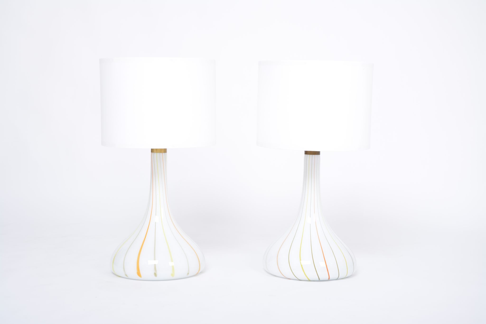 Pair of 1970s tall White Glass Table Lamps model "Candy" by Holmegaard