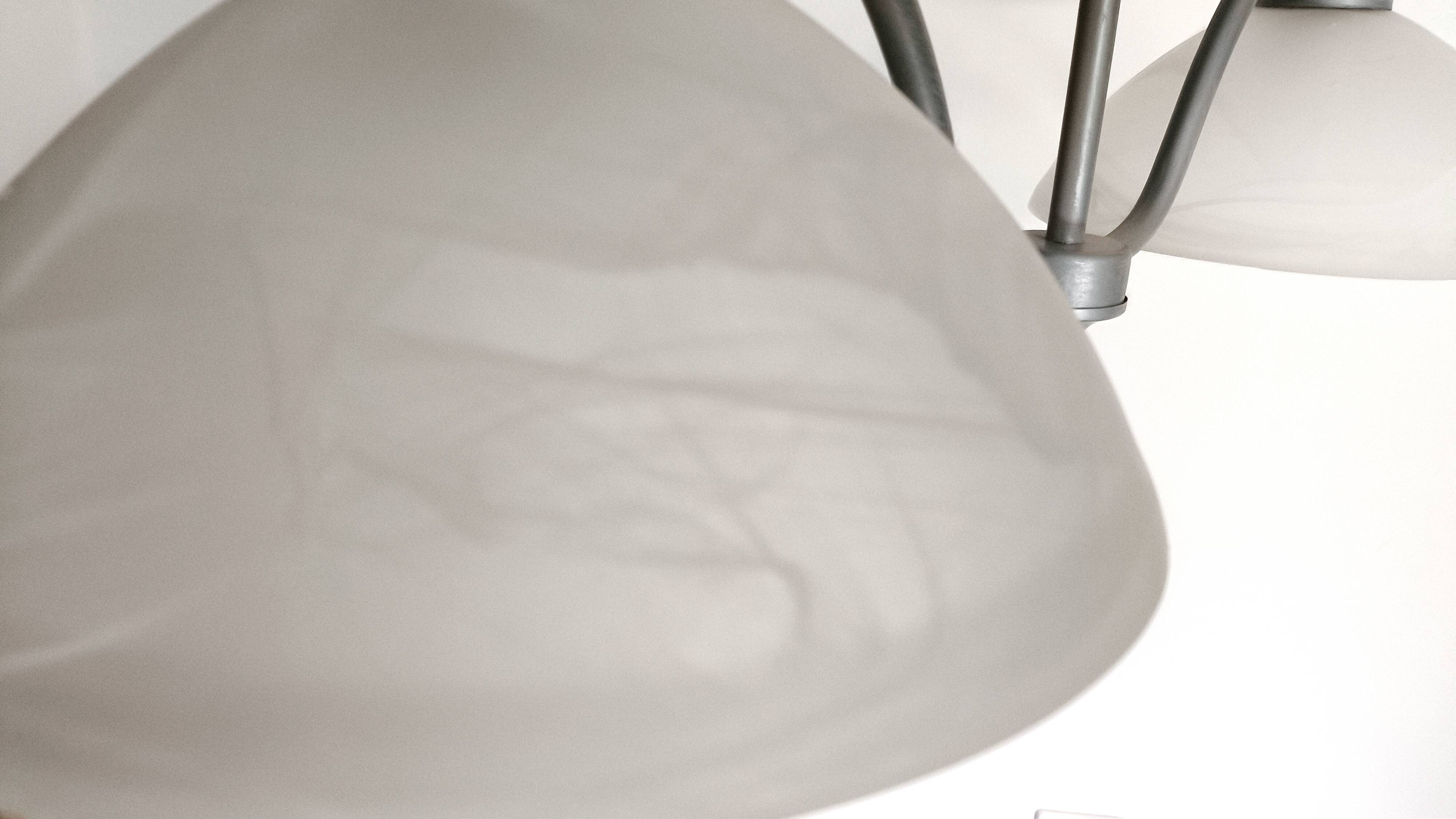 Brushed grey metal double pendant light and alabaster glass.