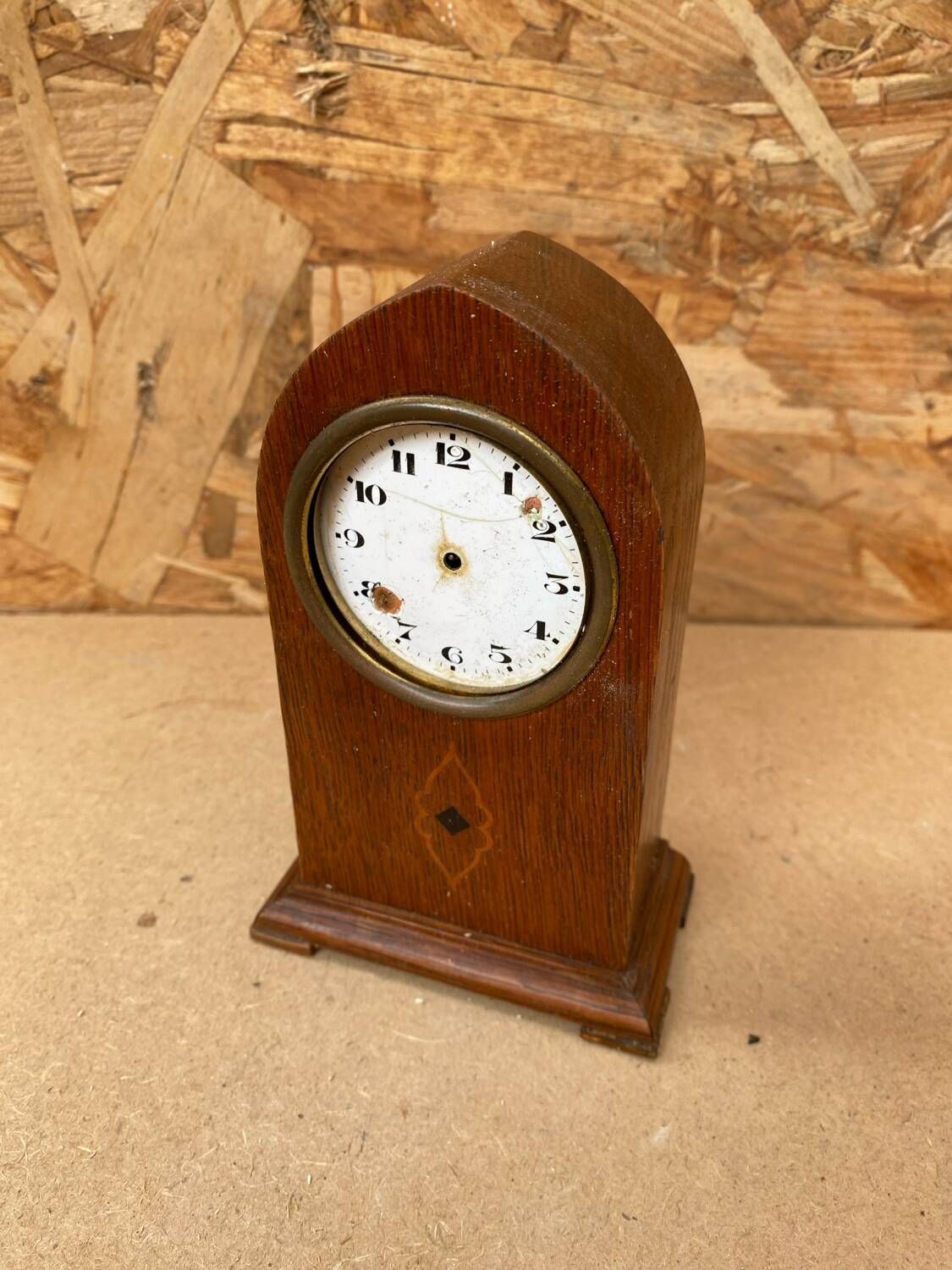 Antique mantel clock arched marquetry mahogany wood vintage