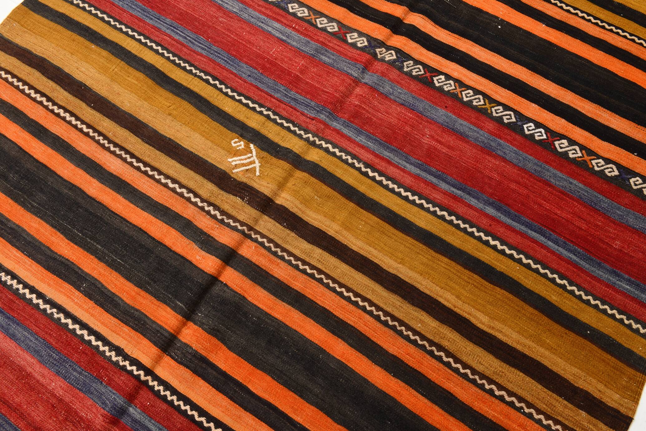 6x9 Green Orange Striped Turkish Vintage Kilim Rug 174x272Cm SK 2311