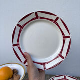 7 flat plates in white and red burgundy porcelain vintage Badonviller model Louise