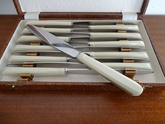 12 couteaux anciens style Art déco bakélite et acier inoxydable en écrin