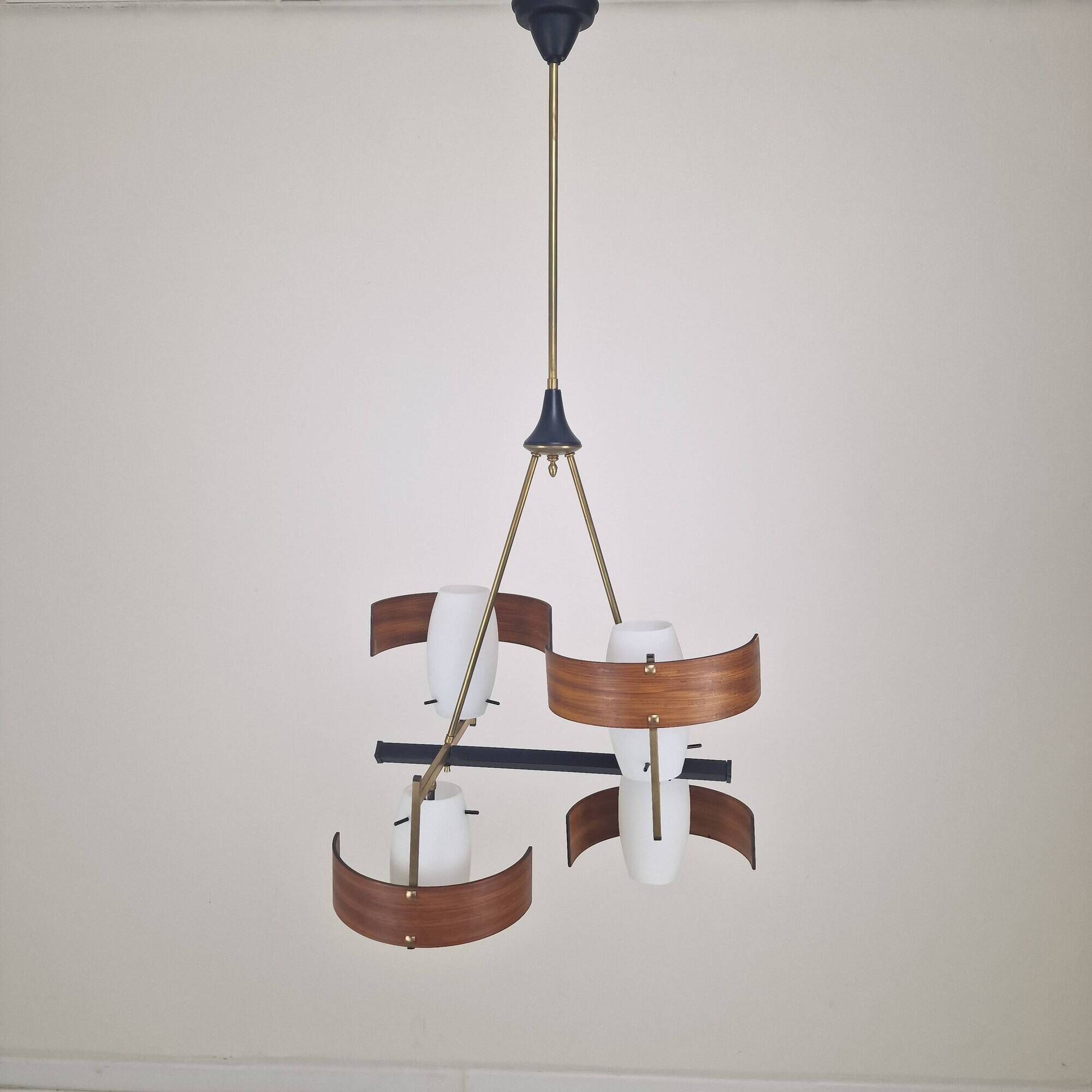 Italian Brass, Teak and Opaline Glass Chandelier by Stilnovo, 1960's