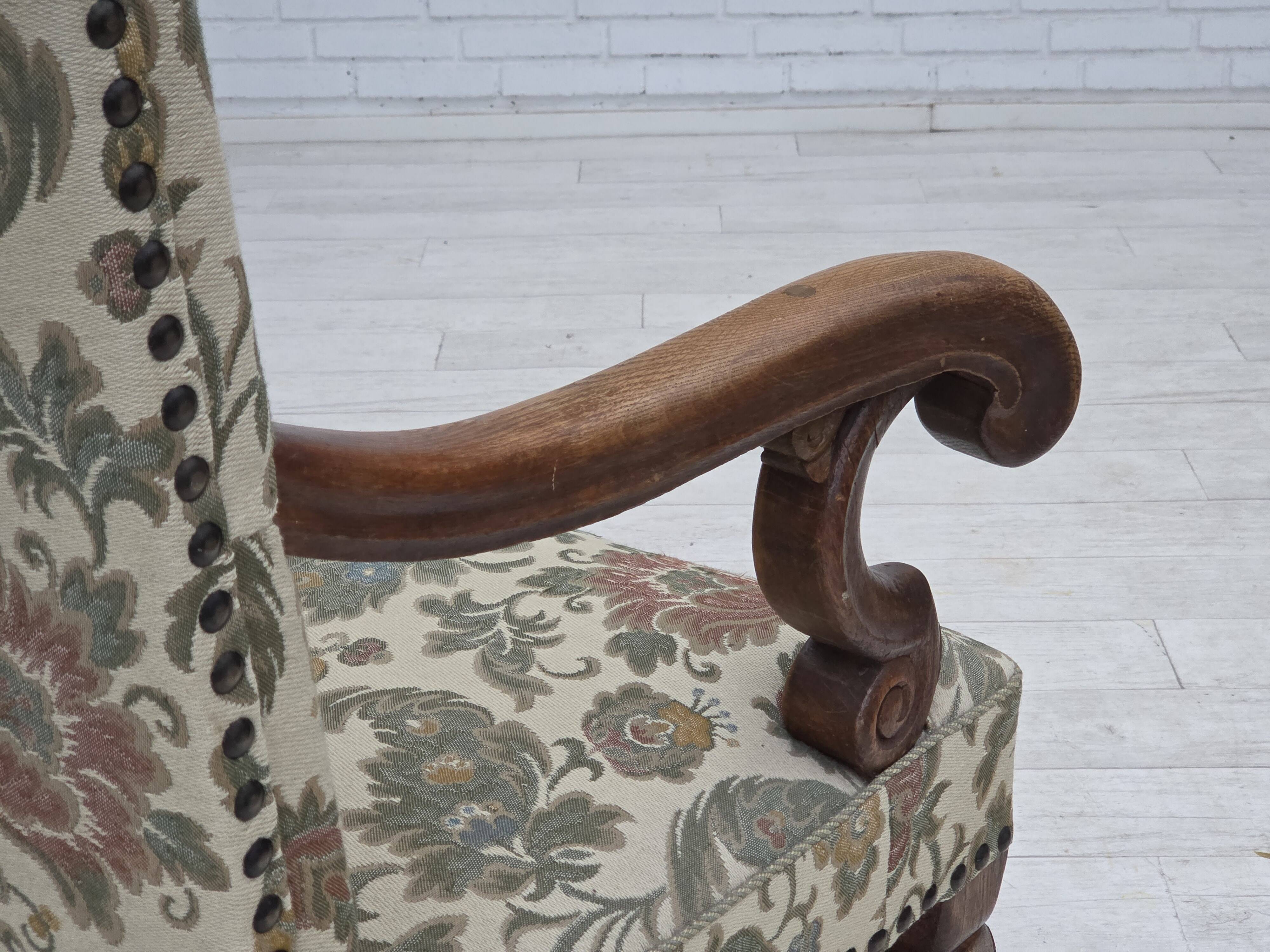 1950s, Scandinavian highback armchair, furniture fabric, oak wood.