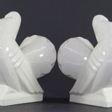 Manufacture de saint-clément, années 1930, paire de serre-livres figurant des pigeons.