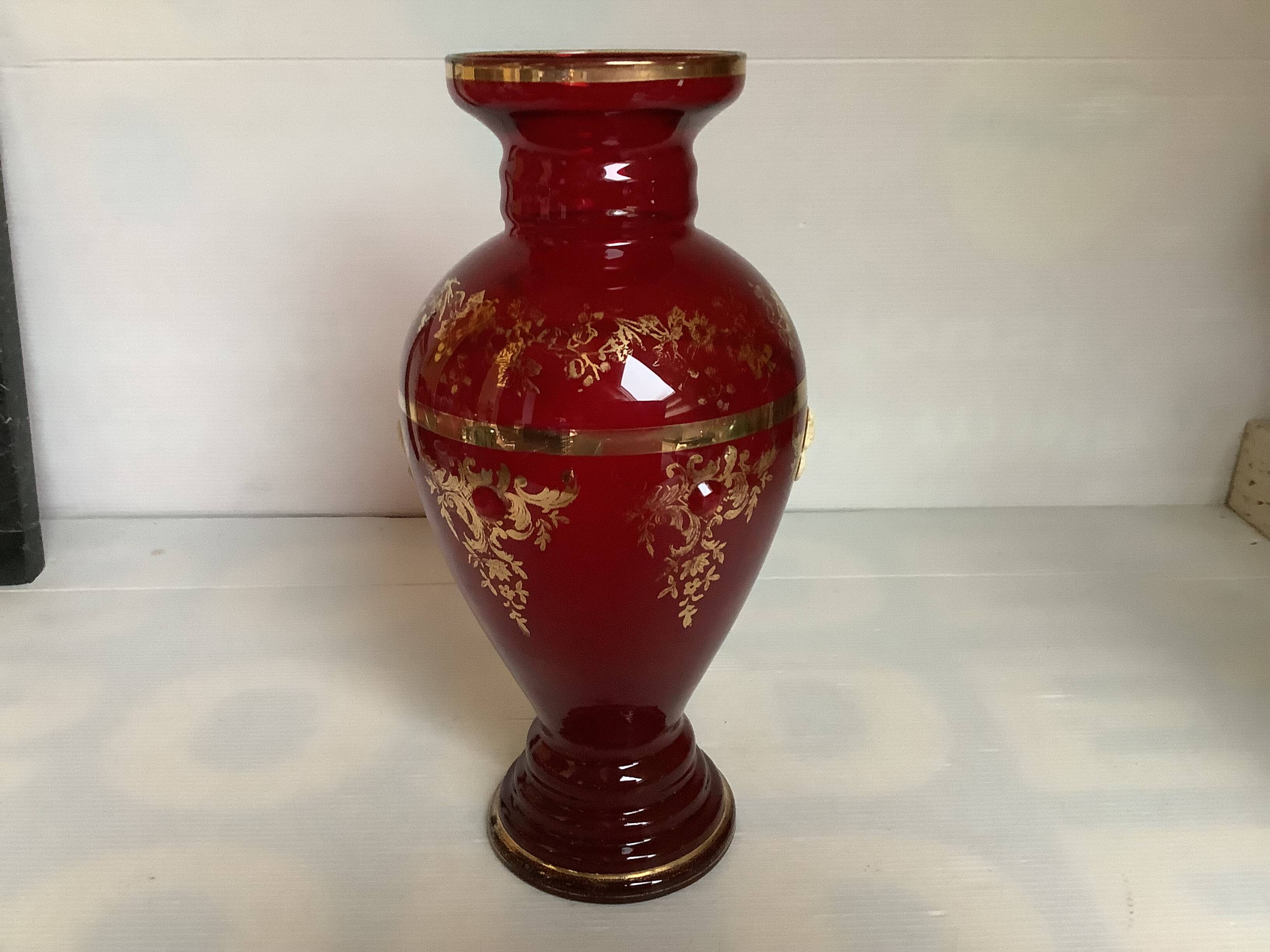 Cameo vase and red cabochons in burgundy glass