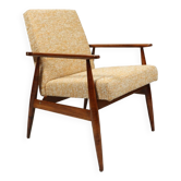 Fauteuil vintage jaune mélange moelleux bois naturel 1970 H. Lis chaise design moderne milieu siècle