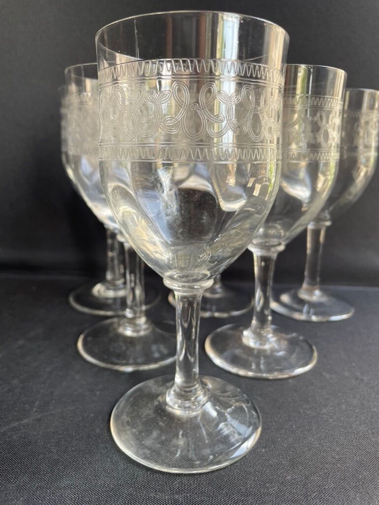 6 Large glasses 1/2 guilloché crystal – Art Nouveau