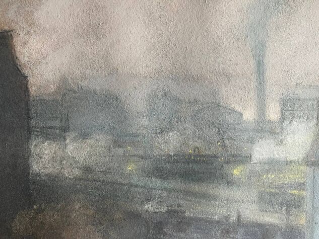 Pastel on paper circa 1900 Post-Impressionist Train Station and Train signed