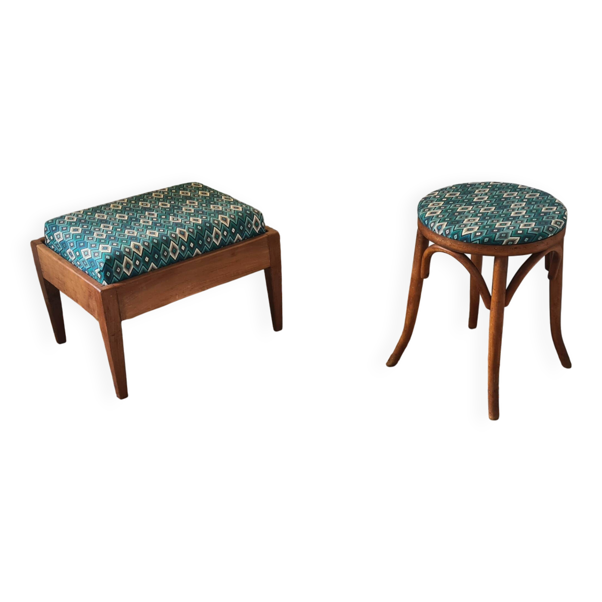 Tabouret en bois courbé vintage – tissu bleu graphique – années 50/60