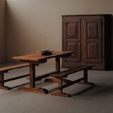 Table and pair of benches in solid pine – France, circa 1970