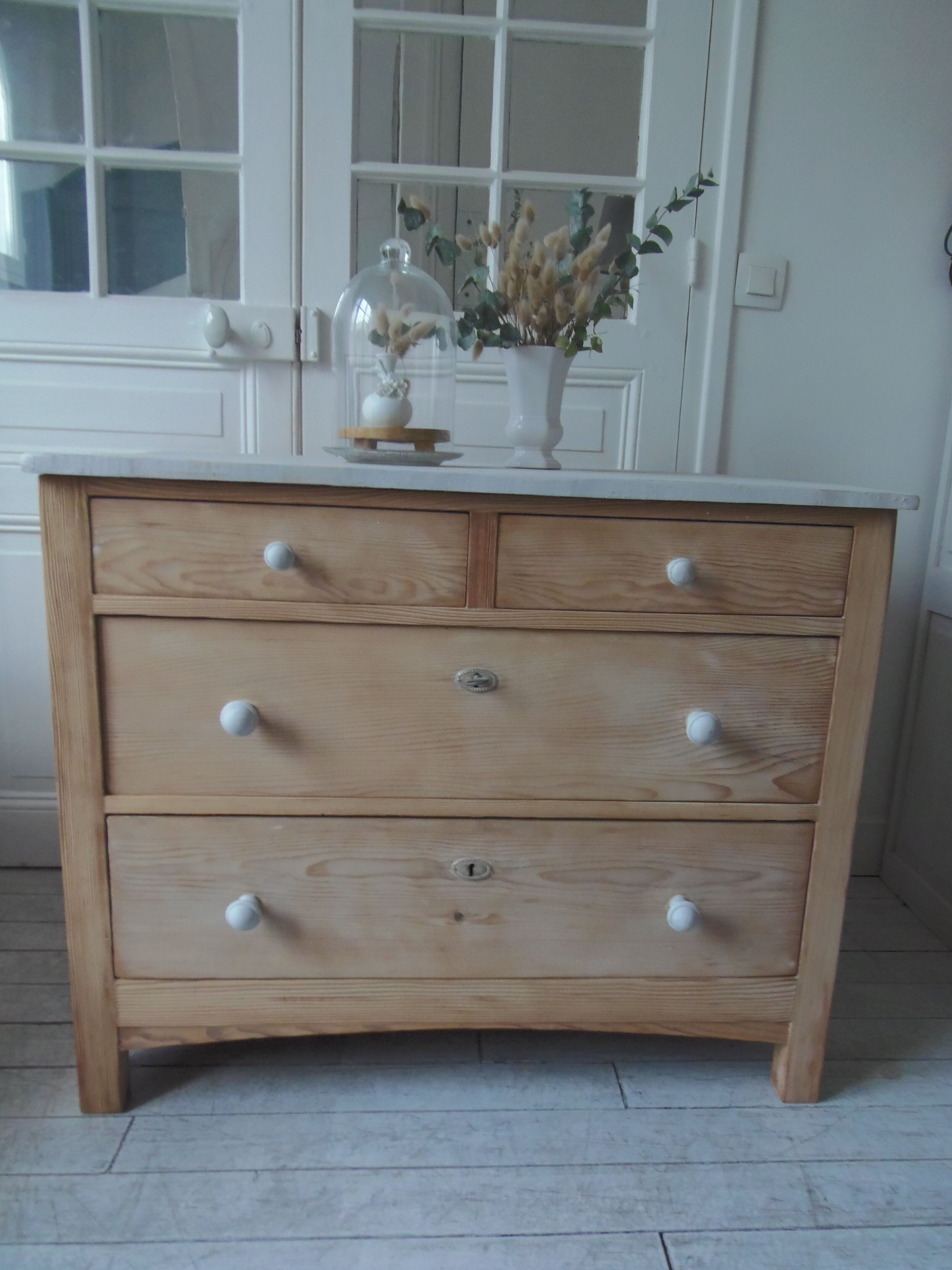 Vintage raw pitchpin chest of drawers, pearl grey patinated drawer tray buttons
