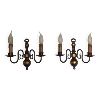 Pair French Vintage Age Bronze Effect Metal Flemsh Style Double Wall Lights 4805