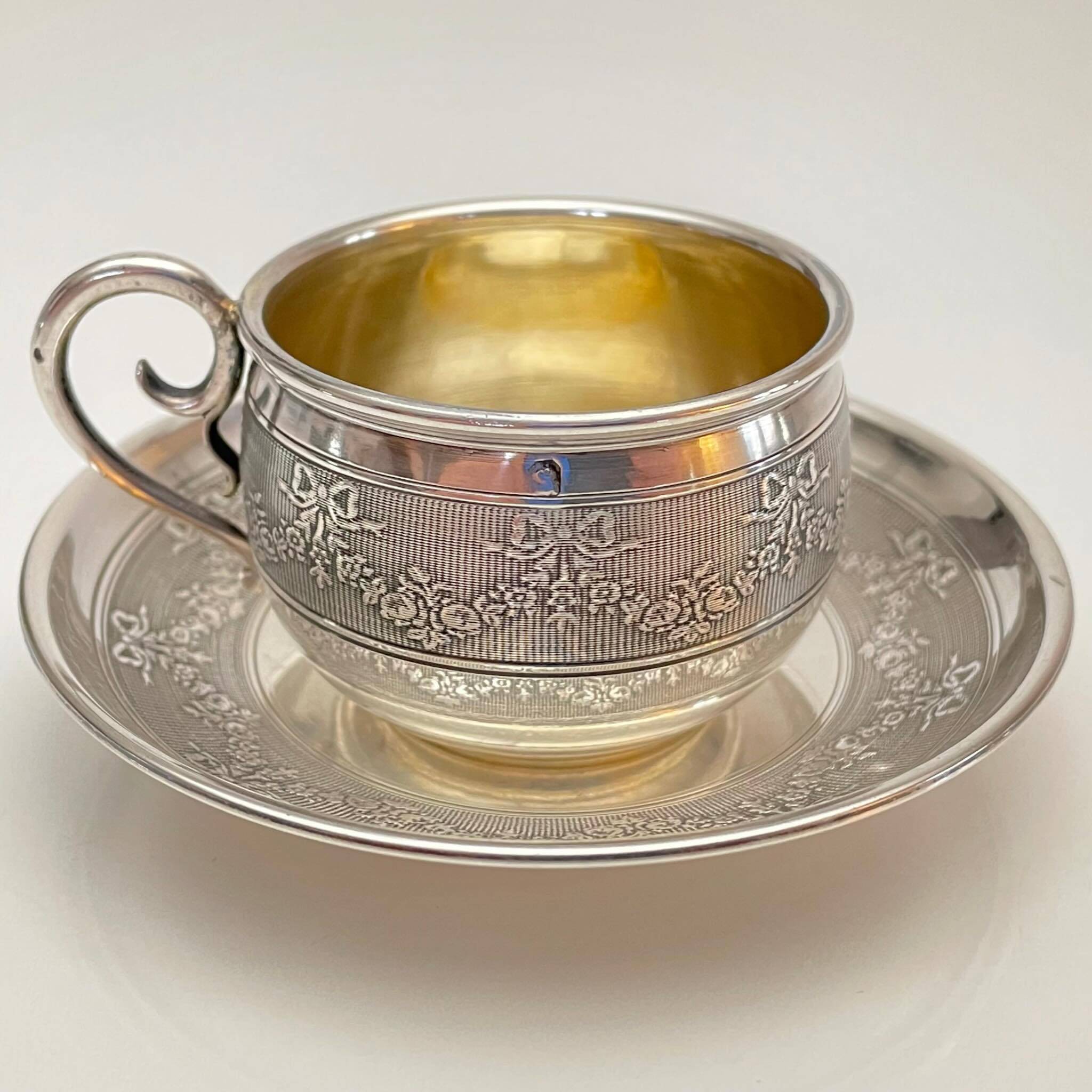 Silver Cup and Saucer | 20th Century | Ribbon and Flower Garland