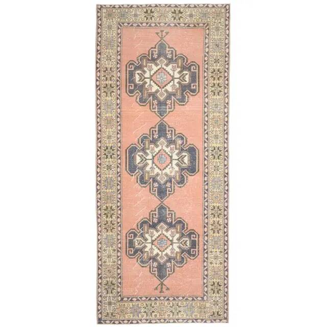 Vintage Turkish Oushak handmade wool cotton brown runner rug 143x347