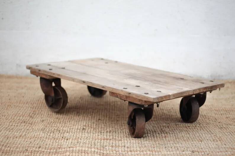 Vintage trolley coffee table, industrial wooden table on wheels, decor.