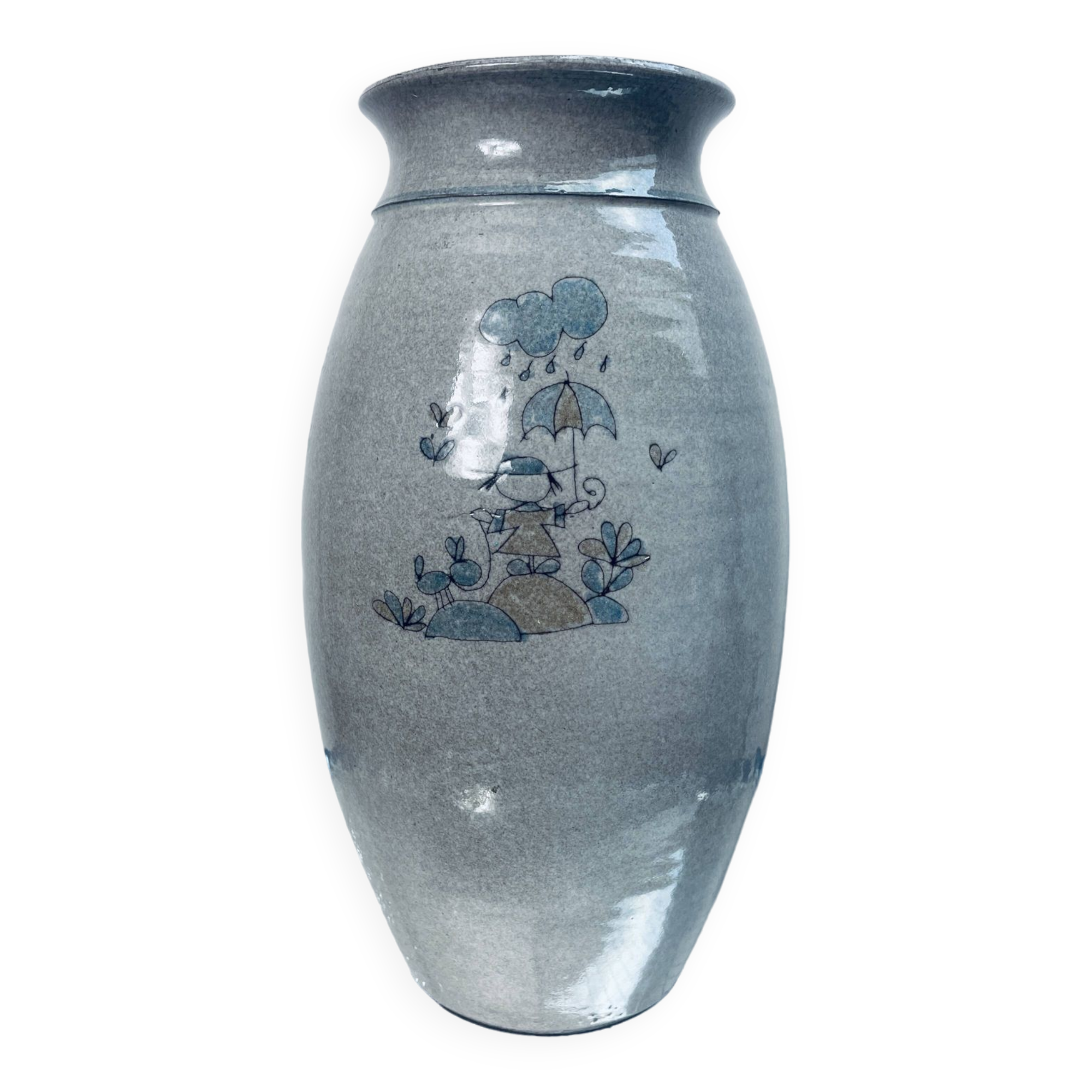 Handcrafted gray stoneware vase with child illustration