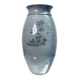 Handcrafted gray stoneware vase with child illustration