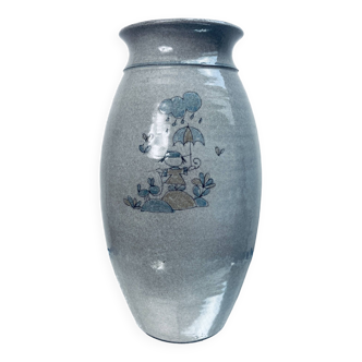 Vase artisanal en grès gris avec illustration enfant