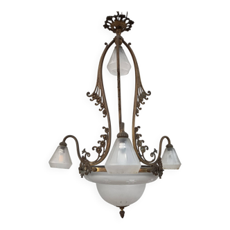 Art Nouveau chandelier in brass and bronze