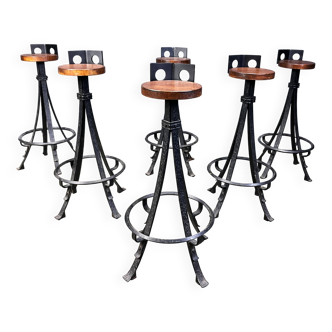 Vintage brutalist wrought iron bar stools, 1970s - set of 6