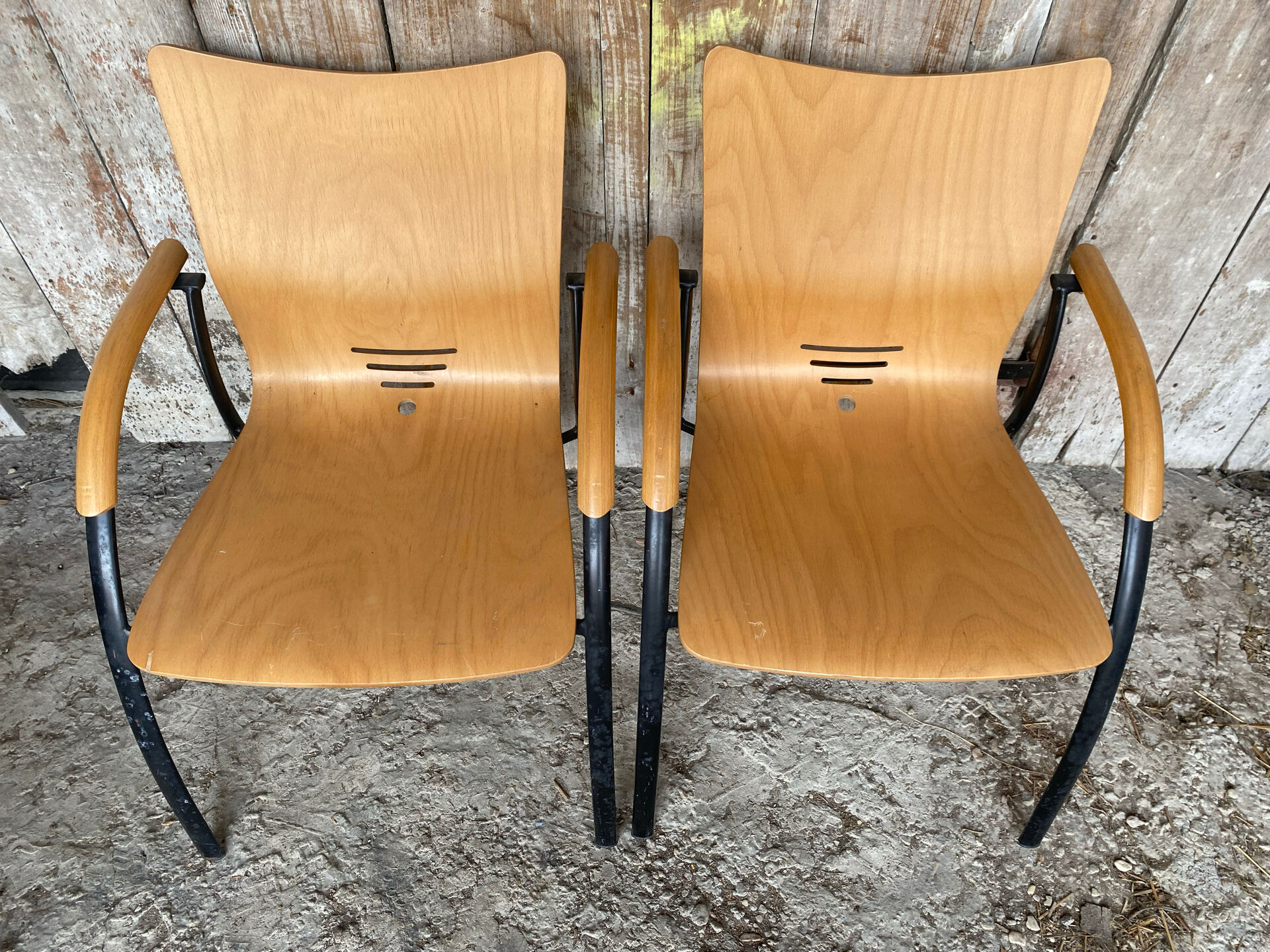 Pair of Vintage RONÉO Armchairs with Black Metal Legs + Curved Wooden Shell