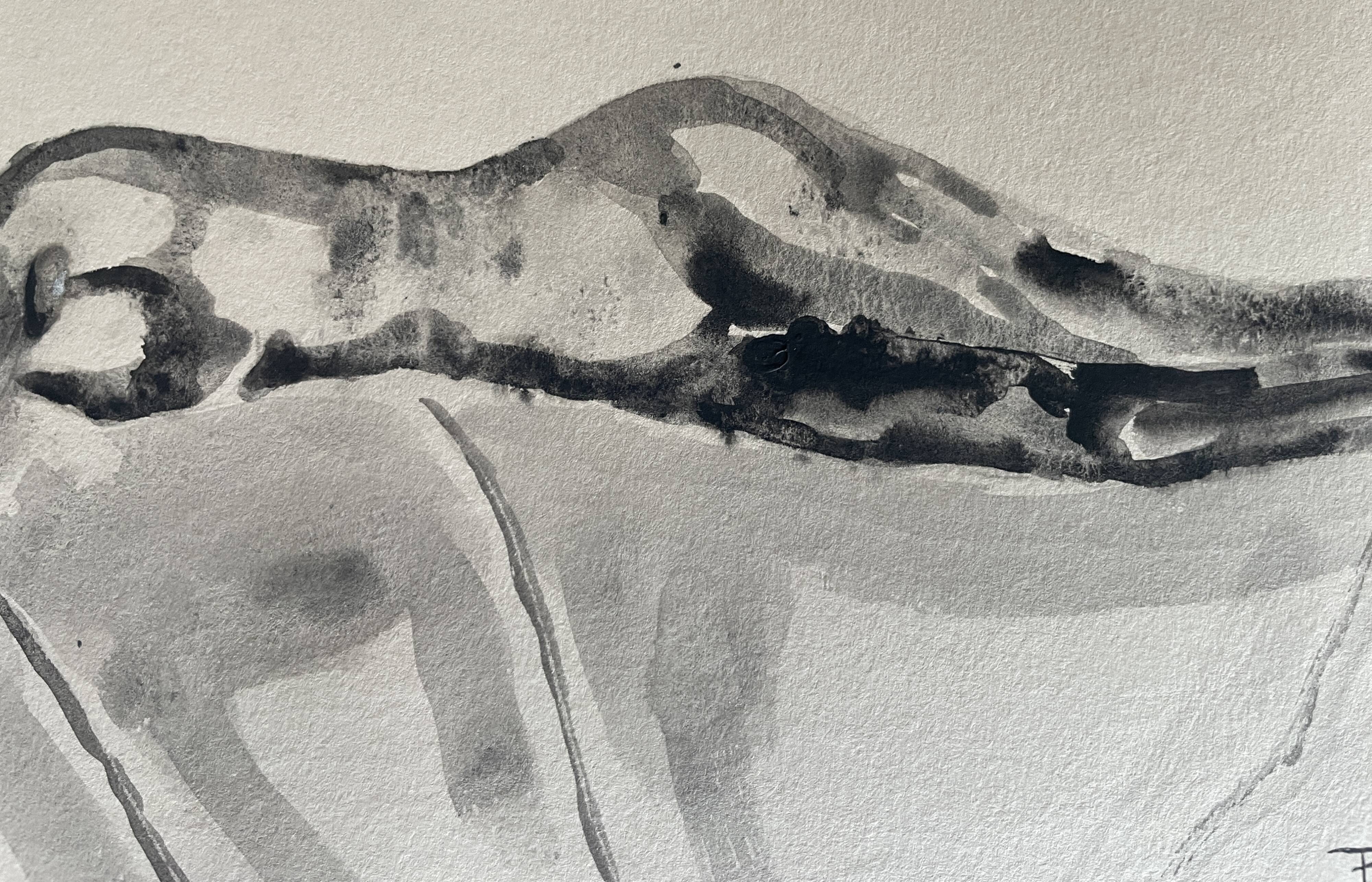 Black monochrome watercolor of a reclining woman signed