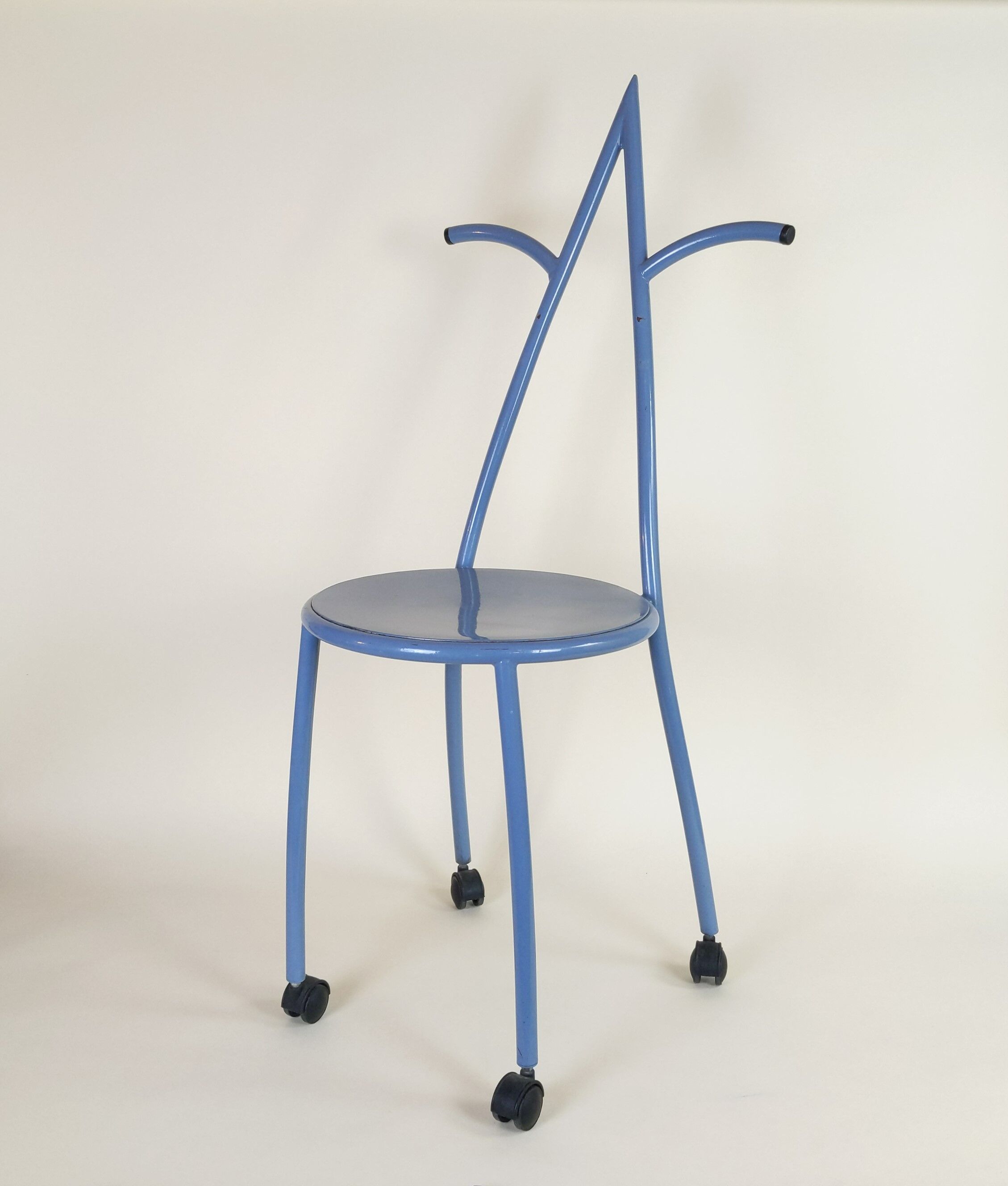 Postmodern memphis style blue enamel pointed chair