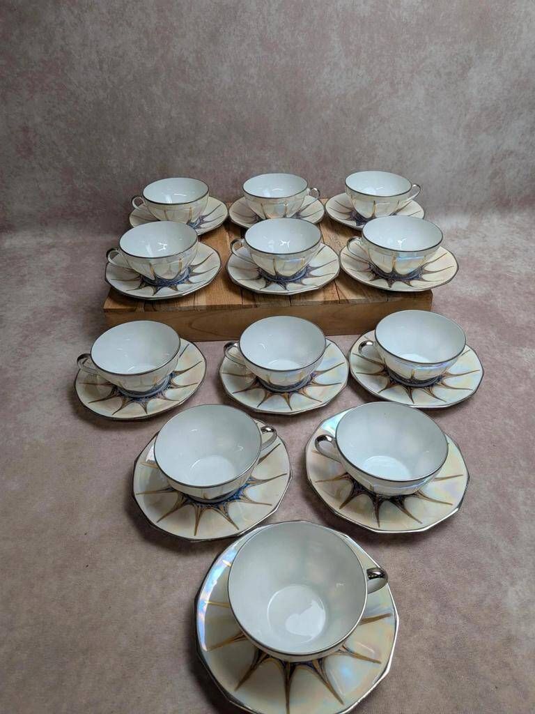 Art Deco coffee service Limoges Unique signed Pailles – 27 pieces in iridescent porcelain