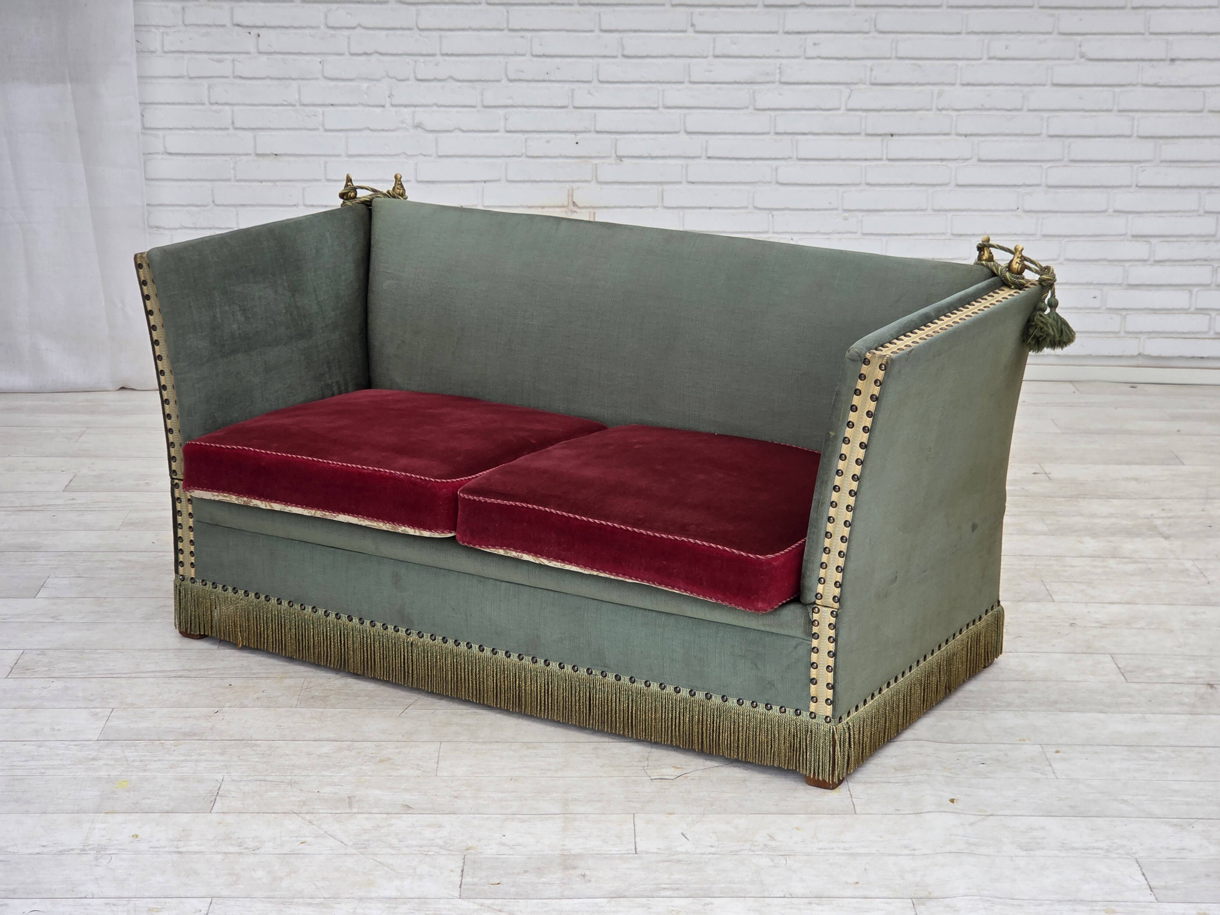 1970s, Danish 2-seater drop arm "Spanish" sofa, green and red velour.