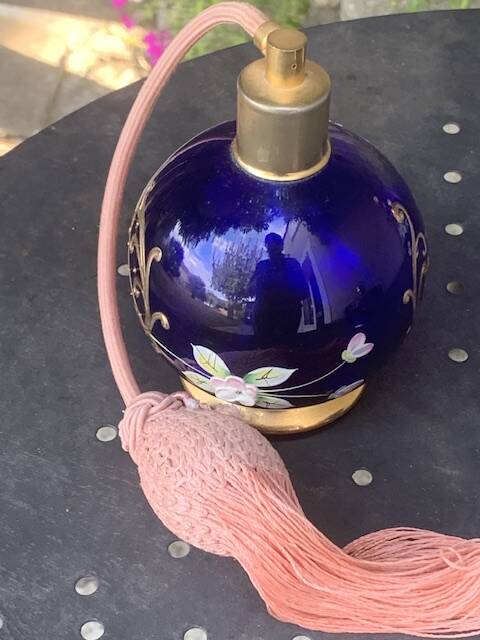 Perfume bottles, in hand-painted blue Bohemian crystal, antique.