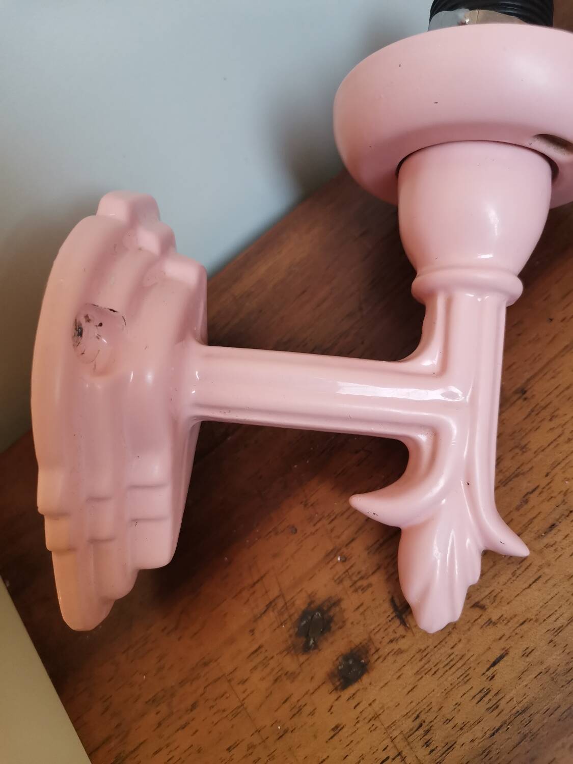 Set of 2 vintage pastel pink enamelled cast iron wall lamps