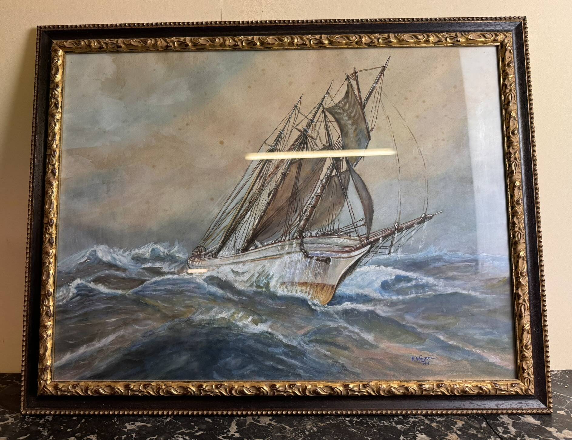 Frederick r. wagner (1937) (1864-1940): watercolor sailboat on the open sea