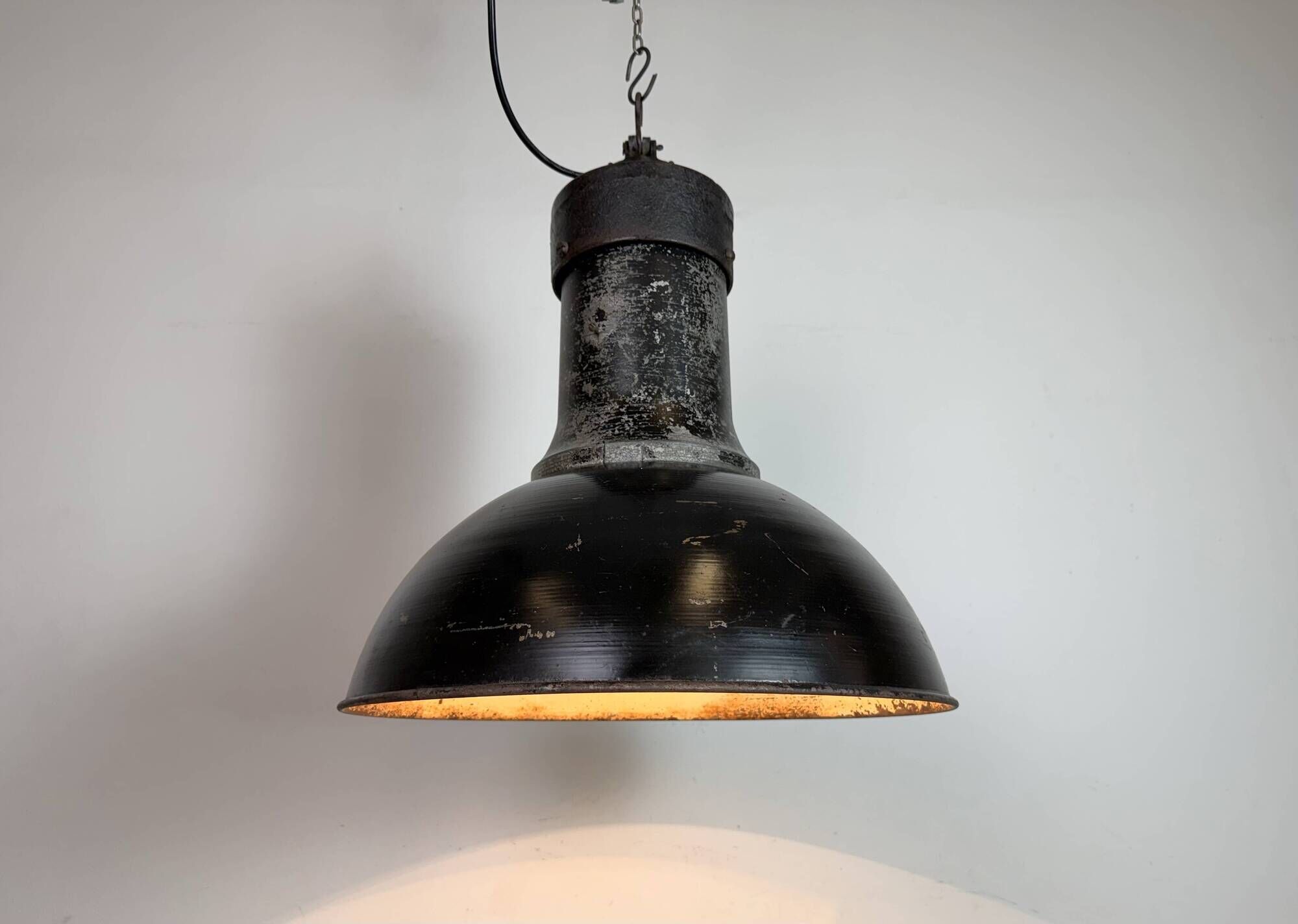 Large Industrial Factory Black Pendant Lamp with Cast Iron Top, 1950s