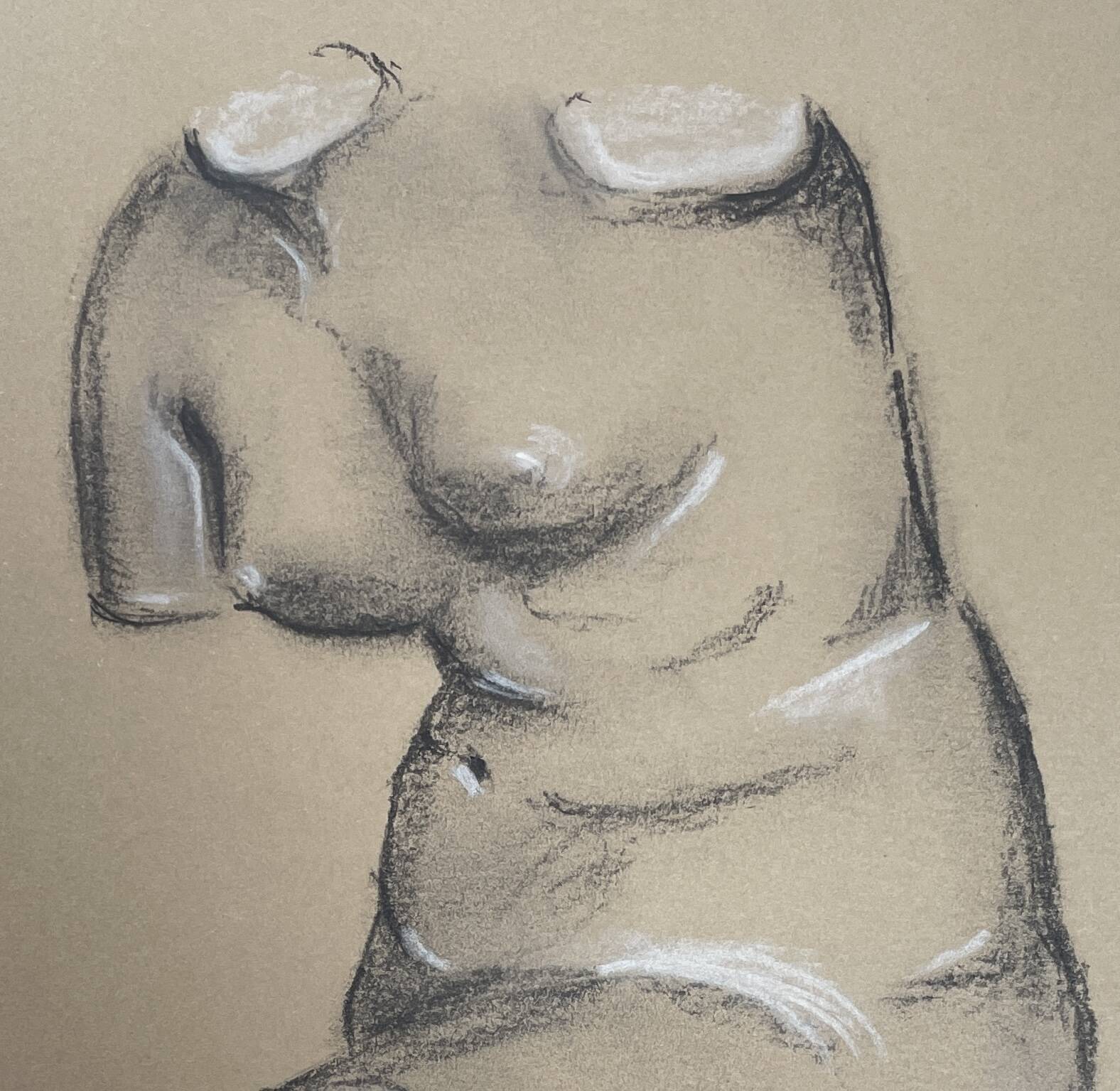 Signed drawing, charcoal study of a plaster bust of a woman from the studio.
